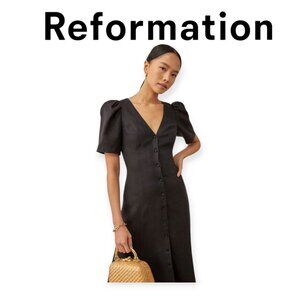 Reformation Newbury Black Linen Midi Dress V Neck Puff Sleeve Tie Back Size 0